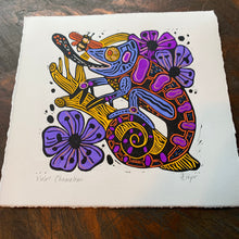 Load image into Gallery viewer, Purple Handpainted chameleon linocut
