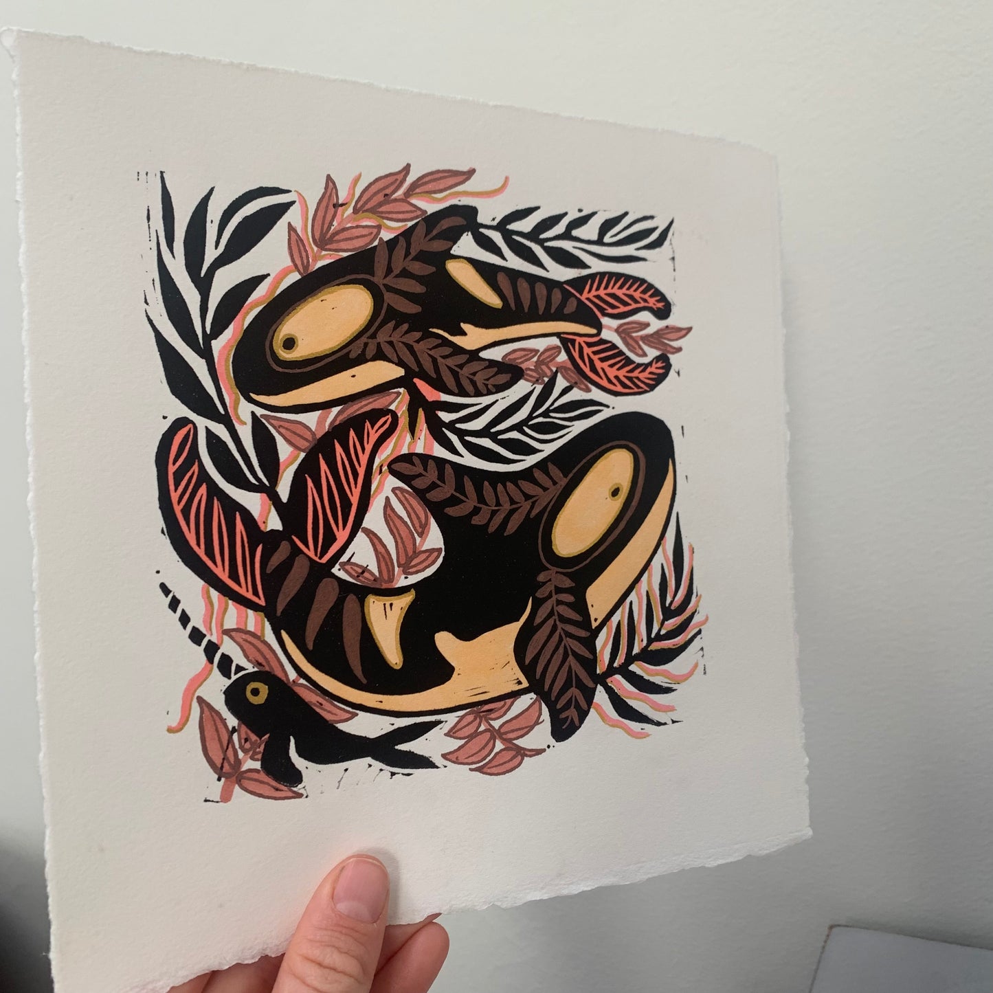 Pink and copper Kelp and orca linocut
