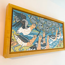 Load image into Gallery viewer, Avocet woodcut framed in yellow
