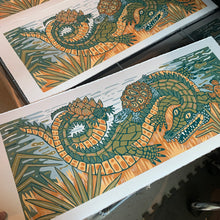 Load image into Gallery viewer, American alligator and turtle original woodcut