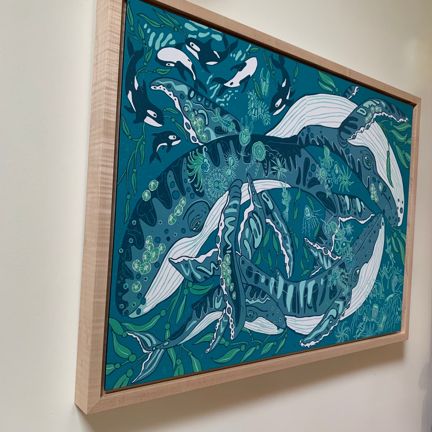 Pre-order Humpback whale and woodcut framed in blue or natural