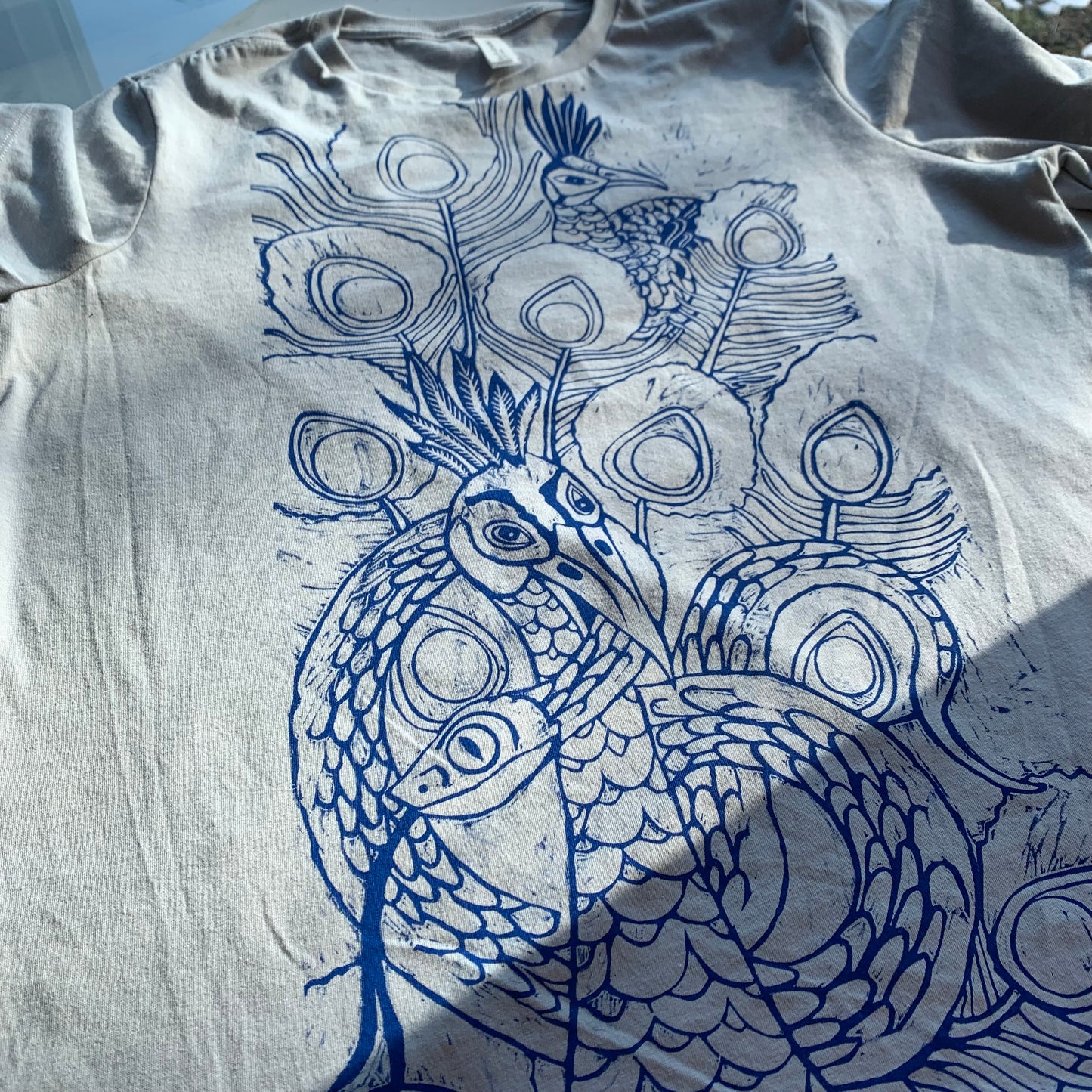 Slate color handprinted peacock shirt, October Pre-order