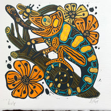Load image into Gallery viewer, Blue and orange Handpainted chameleon linocut