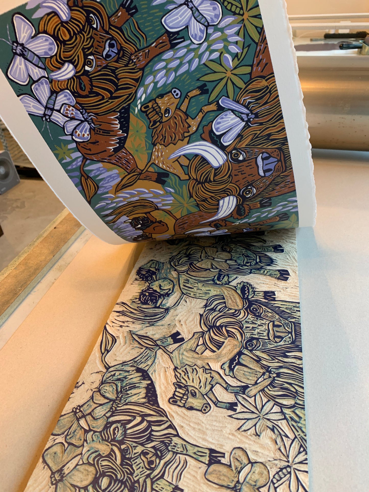 American Bison and Karner Blue Butterfly and Lupine orignal woodcut