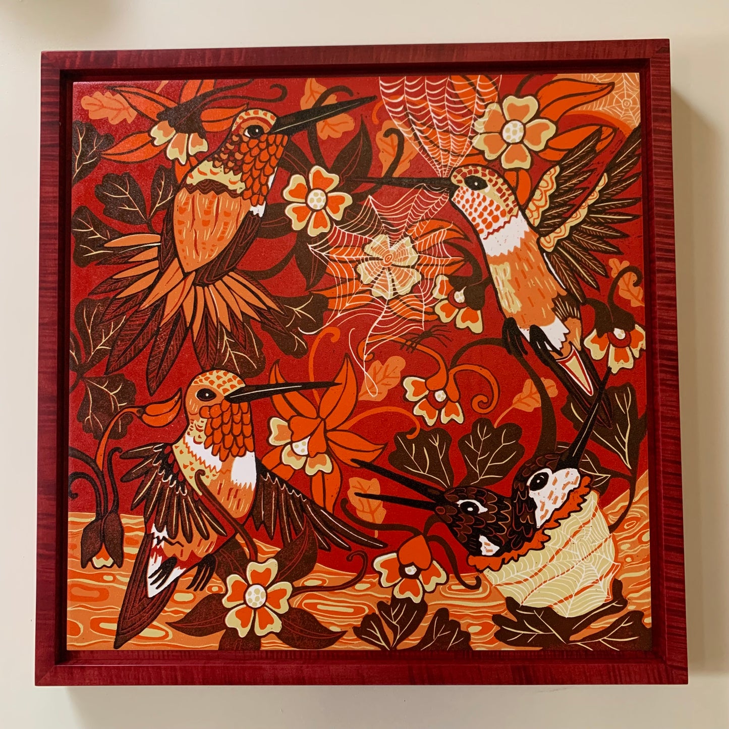 Pre-order Hummingbird and spiderweb woodcut framed in nutmeg or red