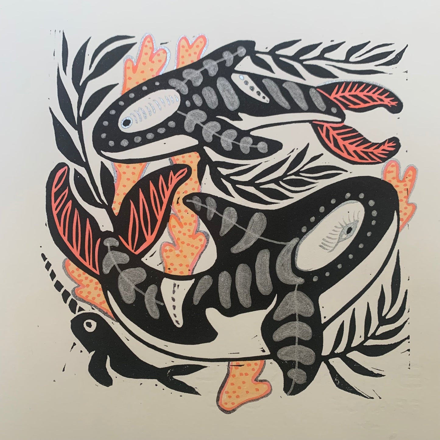 Silvery Kelp and orca linocut