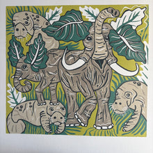 Load image into Gallery viewer, Elephant and manatee original woodcut