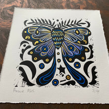 Load image into Gallery viewer, Handpainted blue moth linocut
