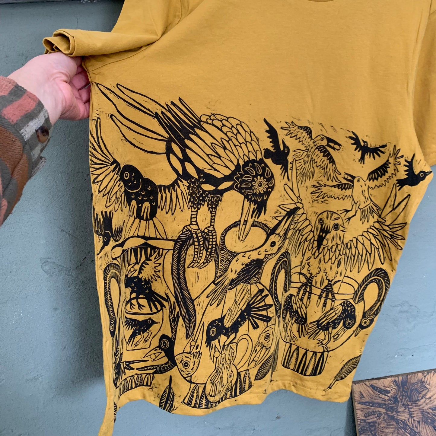Handprinted crow and pitcher shirt, Pre-order October