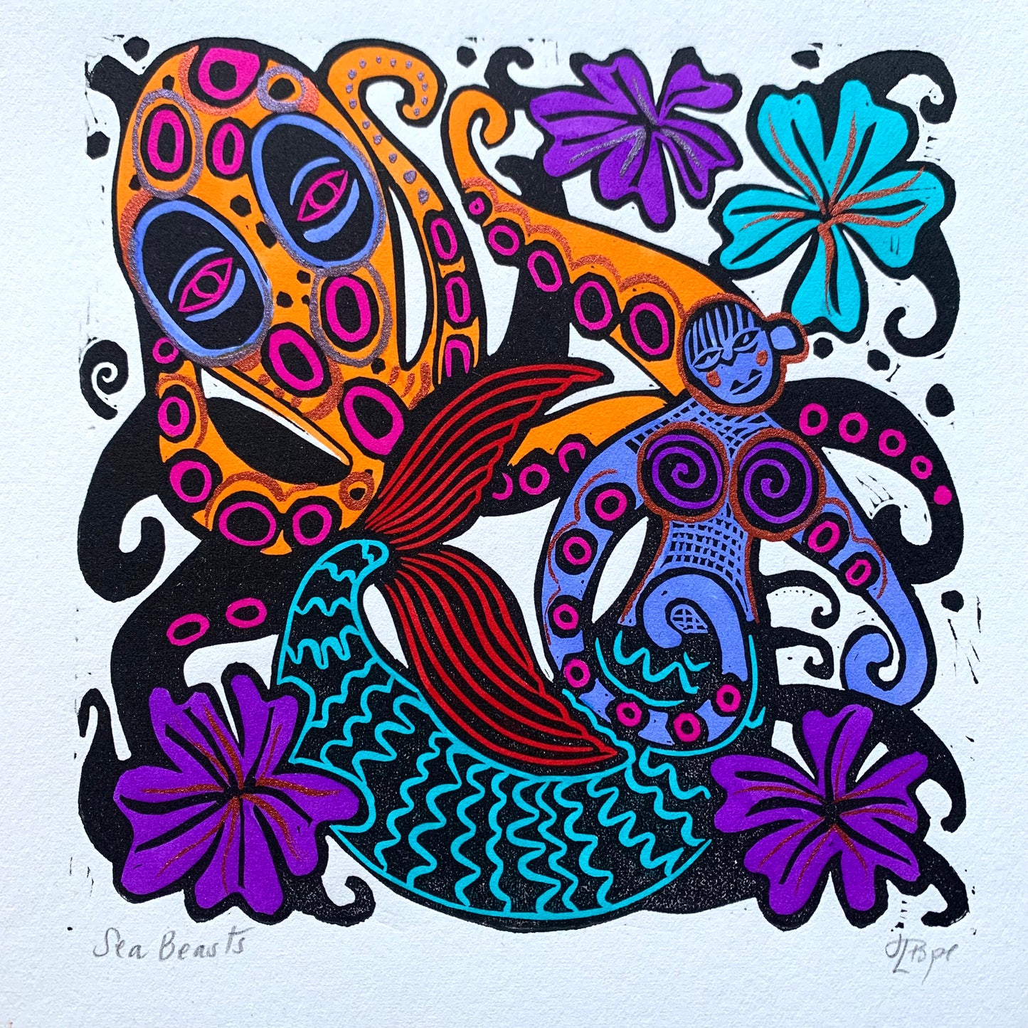 Fun Octopus and octoperson Linocut