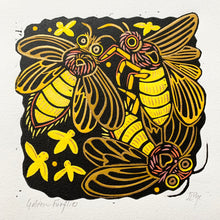 Load image into Gallery viewer, Yellow Lightning bug linocut
