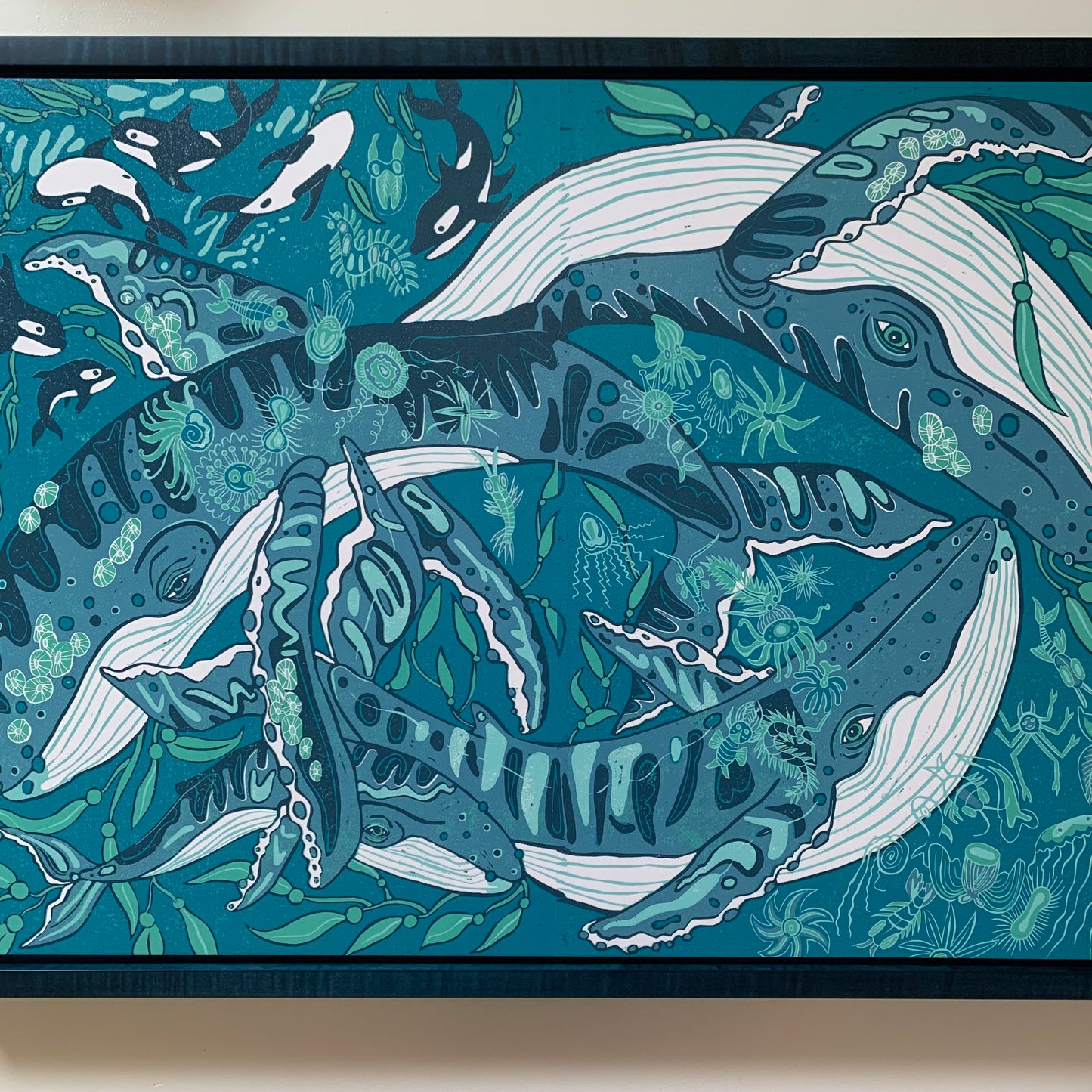 Pre-order Humpback whale and woodcut framed in blue or natural