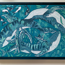 Load image into Gallery viewer, BLUE FRAME SOLD OUT Humpback whale and woodcut framed in blue or natural