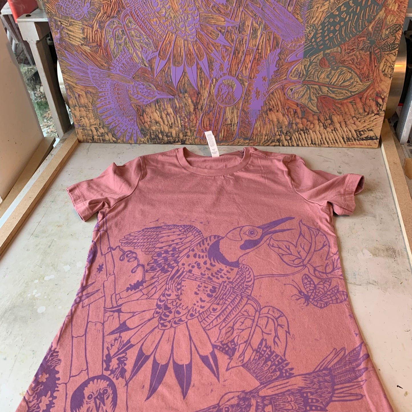 Handprinted northern flicker shirt, October Pre-Order