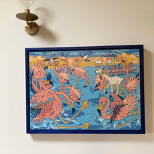 Load image into Gallery viewer, Flamingo and llama woodcut framed in blue
