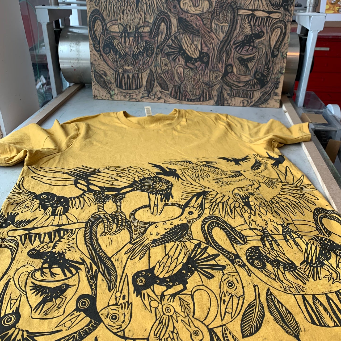 Handprinted crow and pitcher shirt, Pre-order October