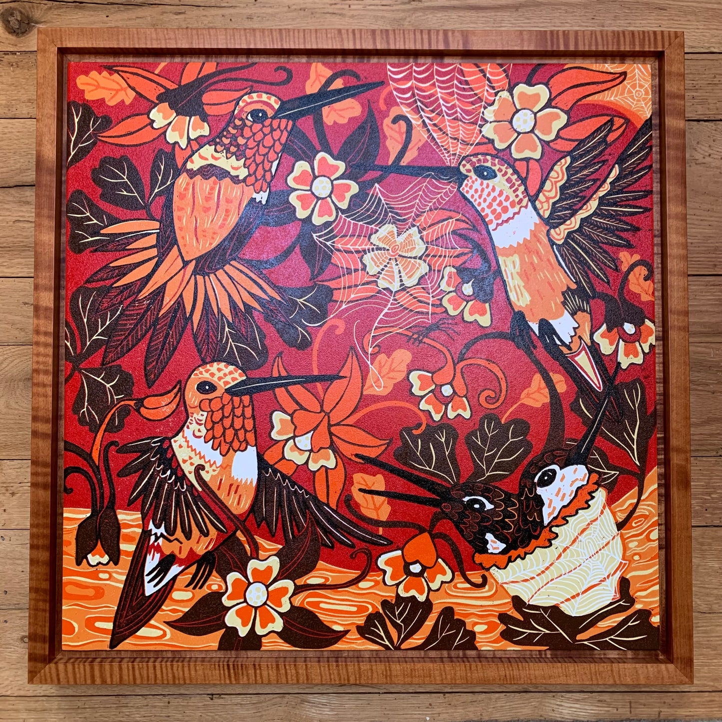 Pre-order Hummingbird and spiderweb woodcut framed in nutmeg or red