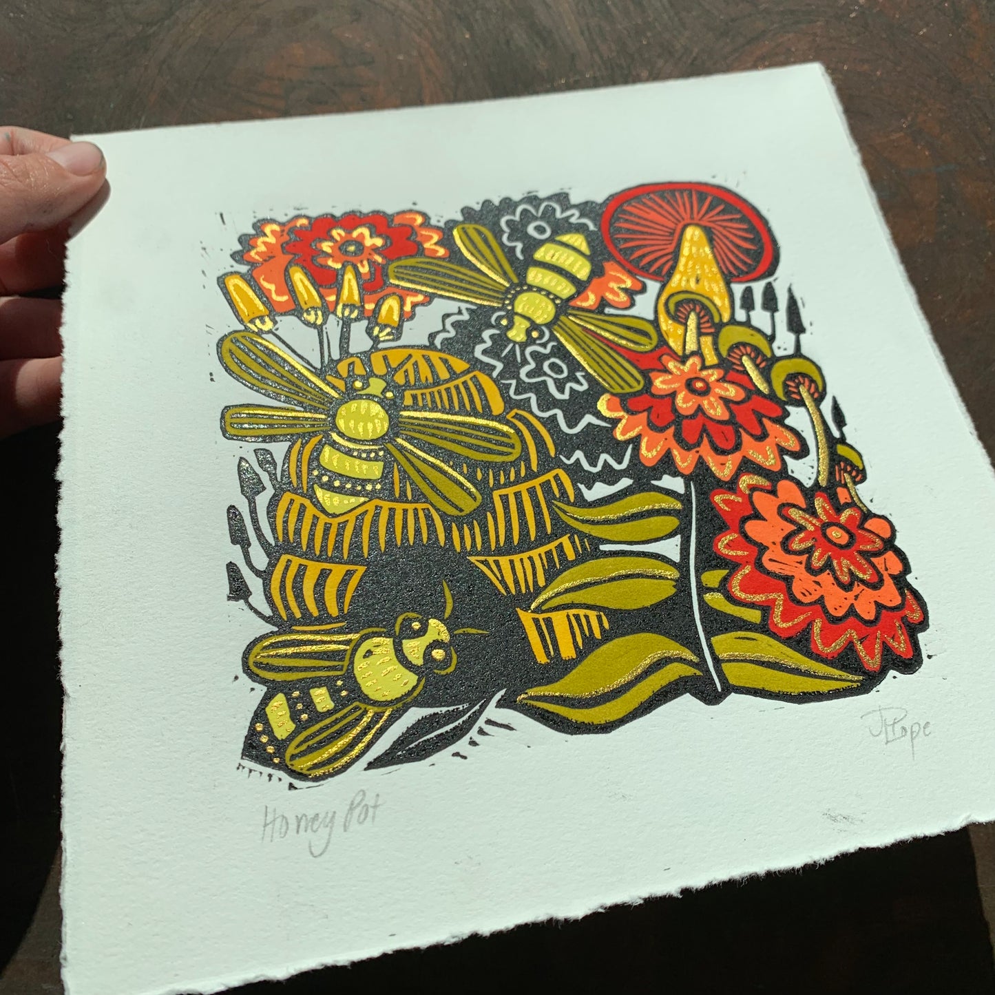 Bee and floral Linocut