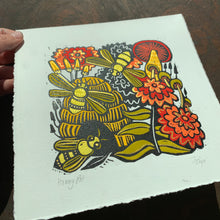 Load image into Gallery viewer, Bee and floral Linocut
