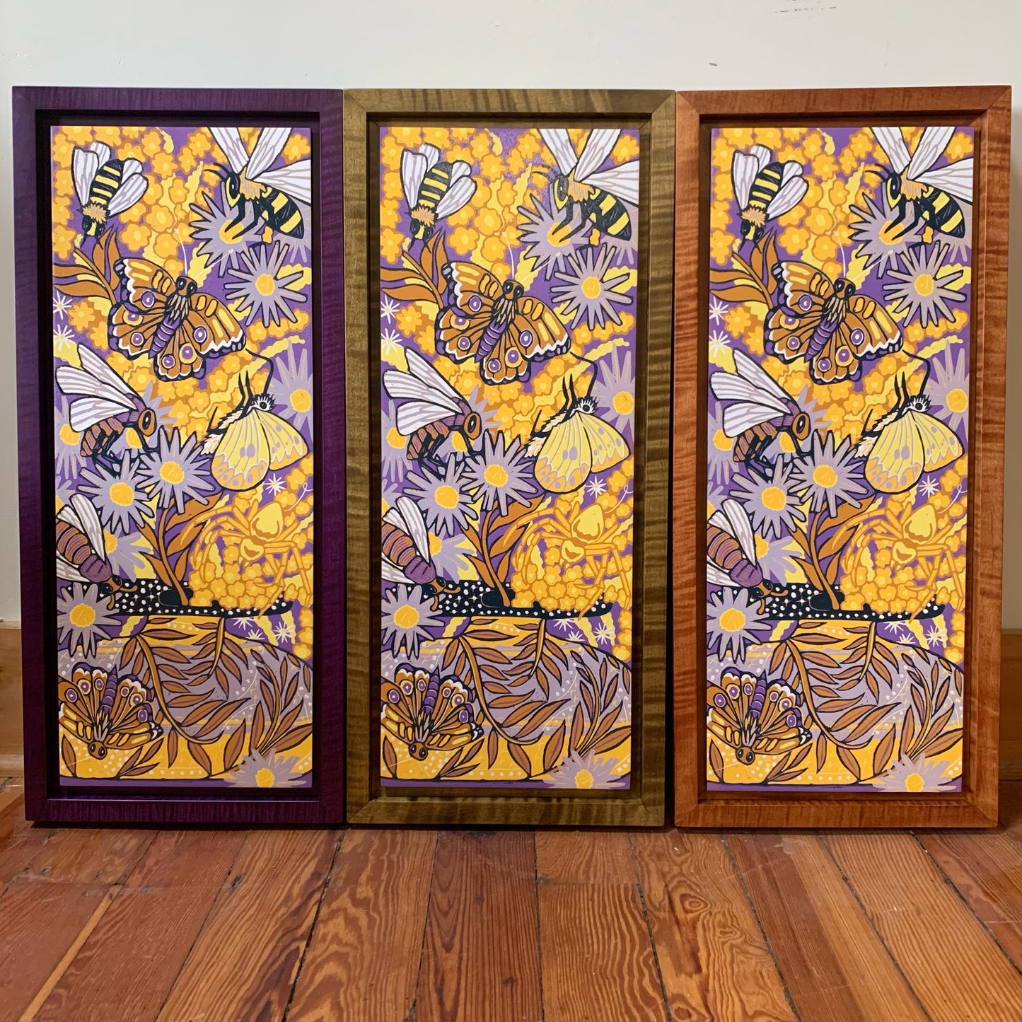 Purple IN STOCK Aster and goldenrod woodcut framed in curly maple
