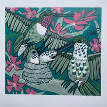 Load image into Gallery viewer, Hummingbird and spiderweb original woodcut