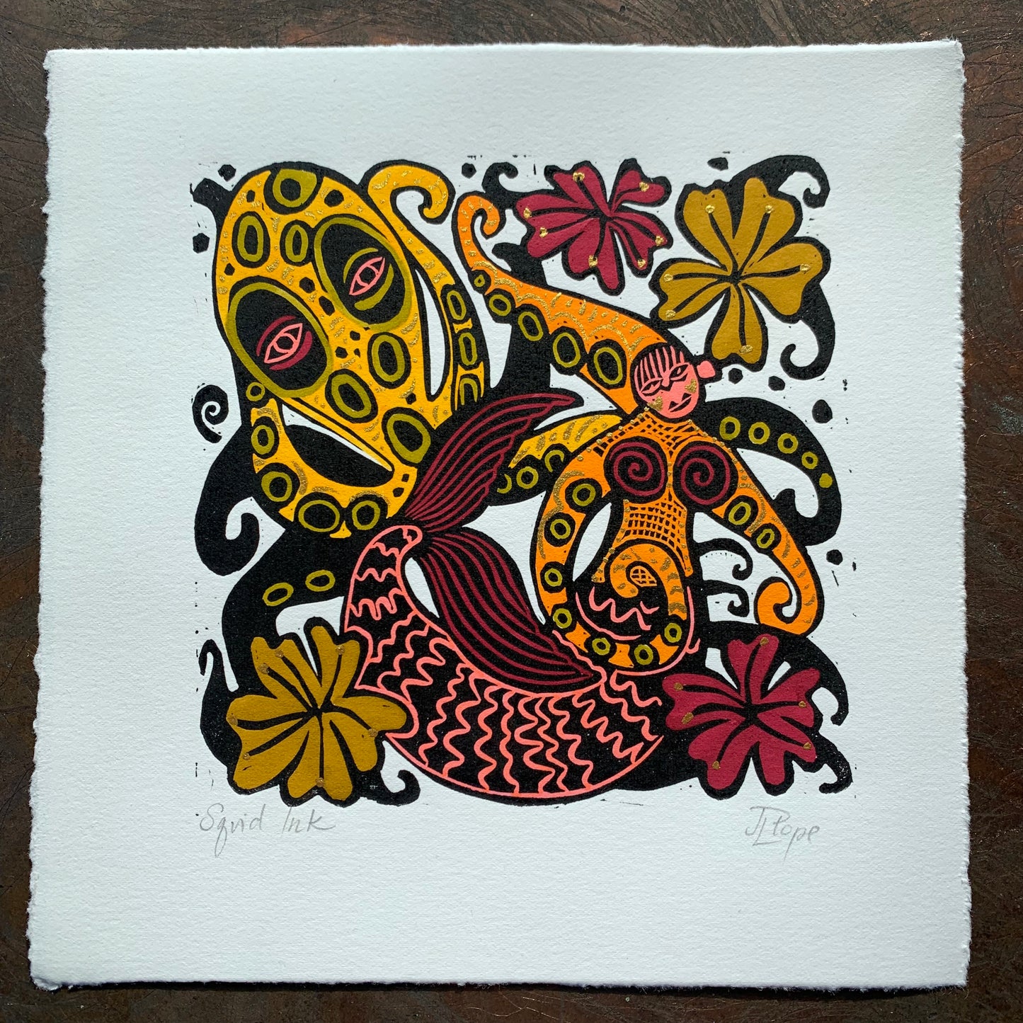Autumnal Octopus and octoperson Linocut