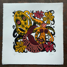 Load image into Gallery viewer, Autumnal Octopus and octoperson Linocut