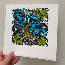 Load image into Gallery viewer, Very Blue Octopus and octoperson Linocut