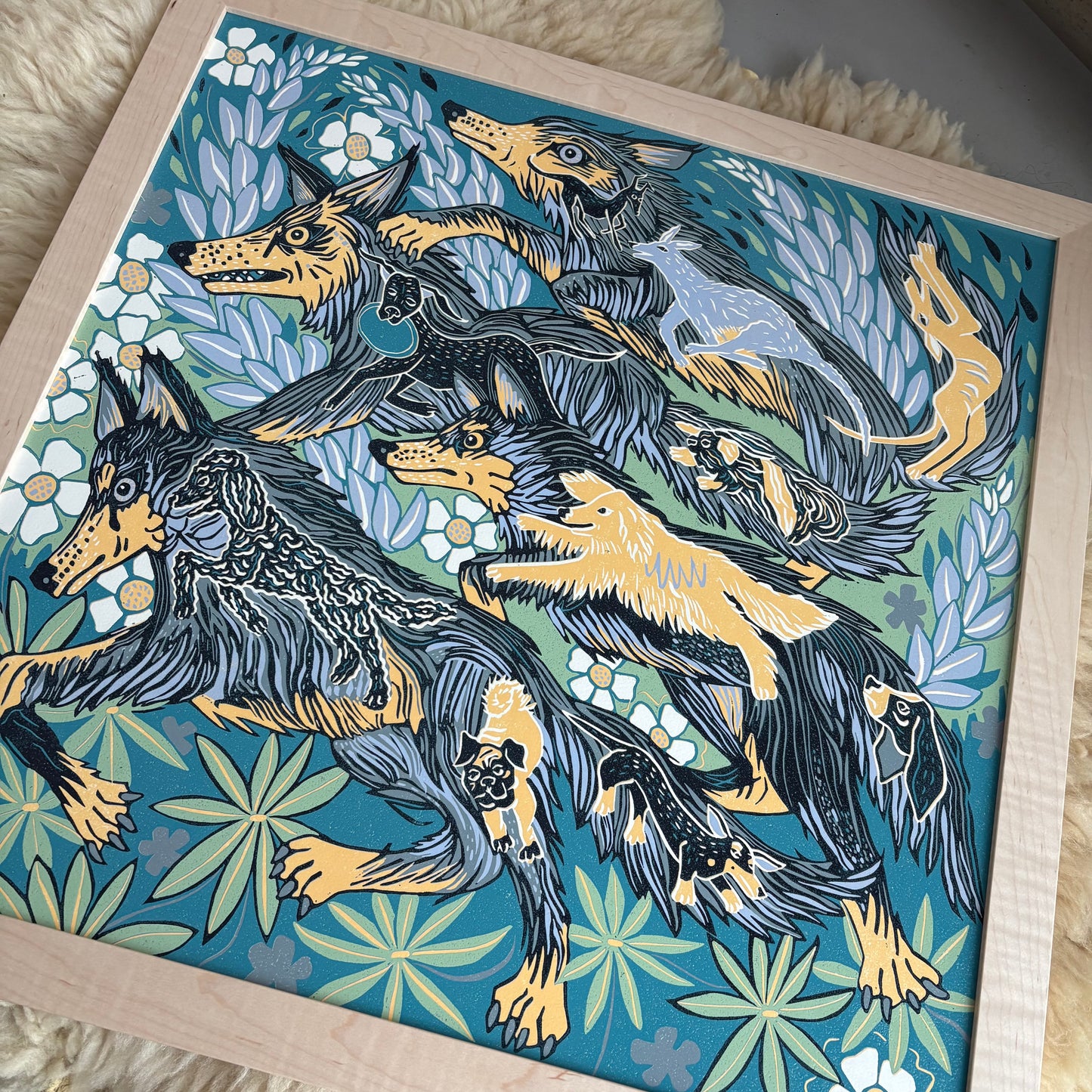 Pre-order Framed Wolf and Dog original Woodcut