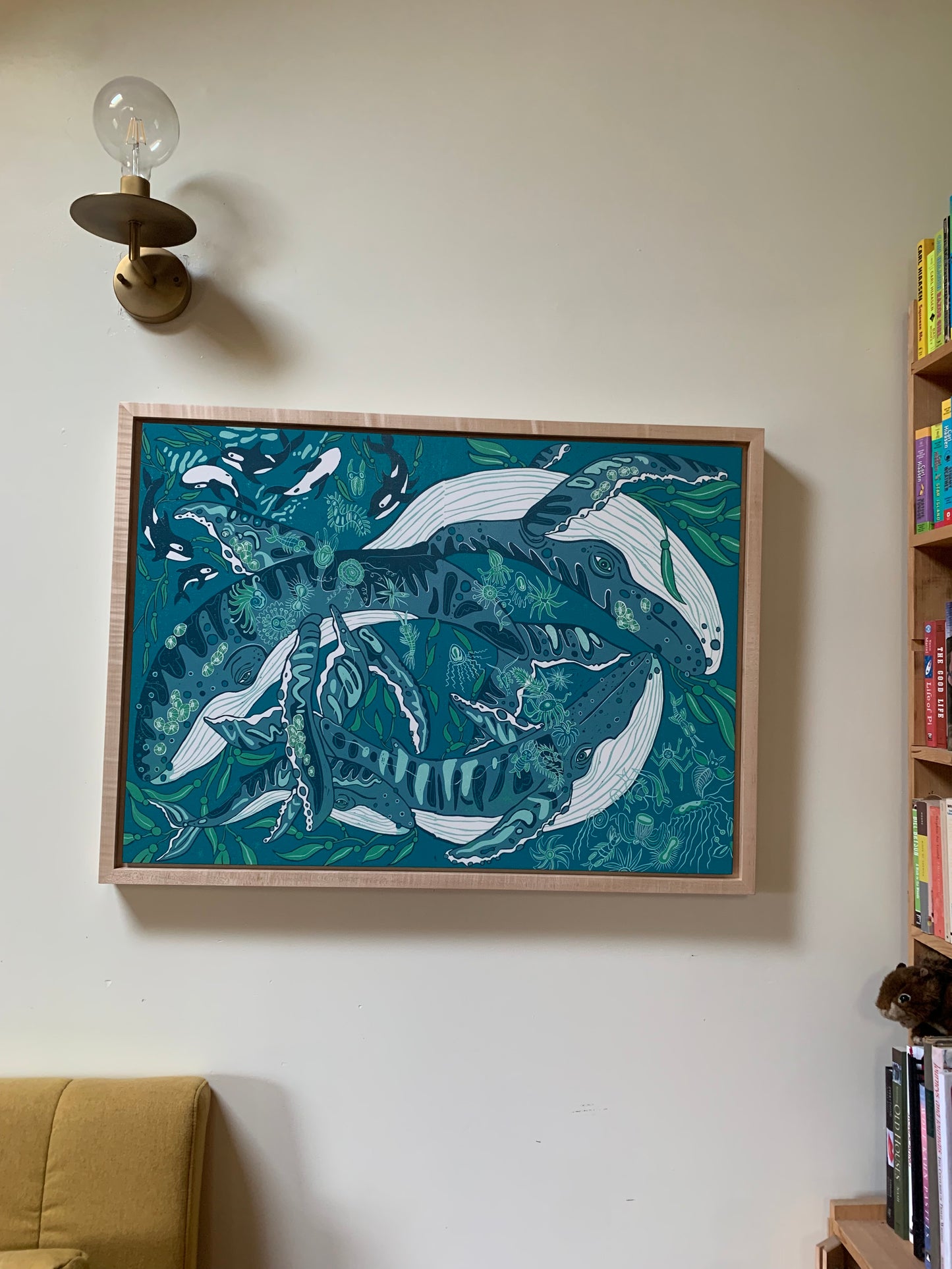 Pre-order Humpback whale and woodcut framed in blue or natural
