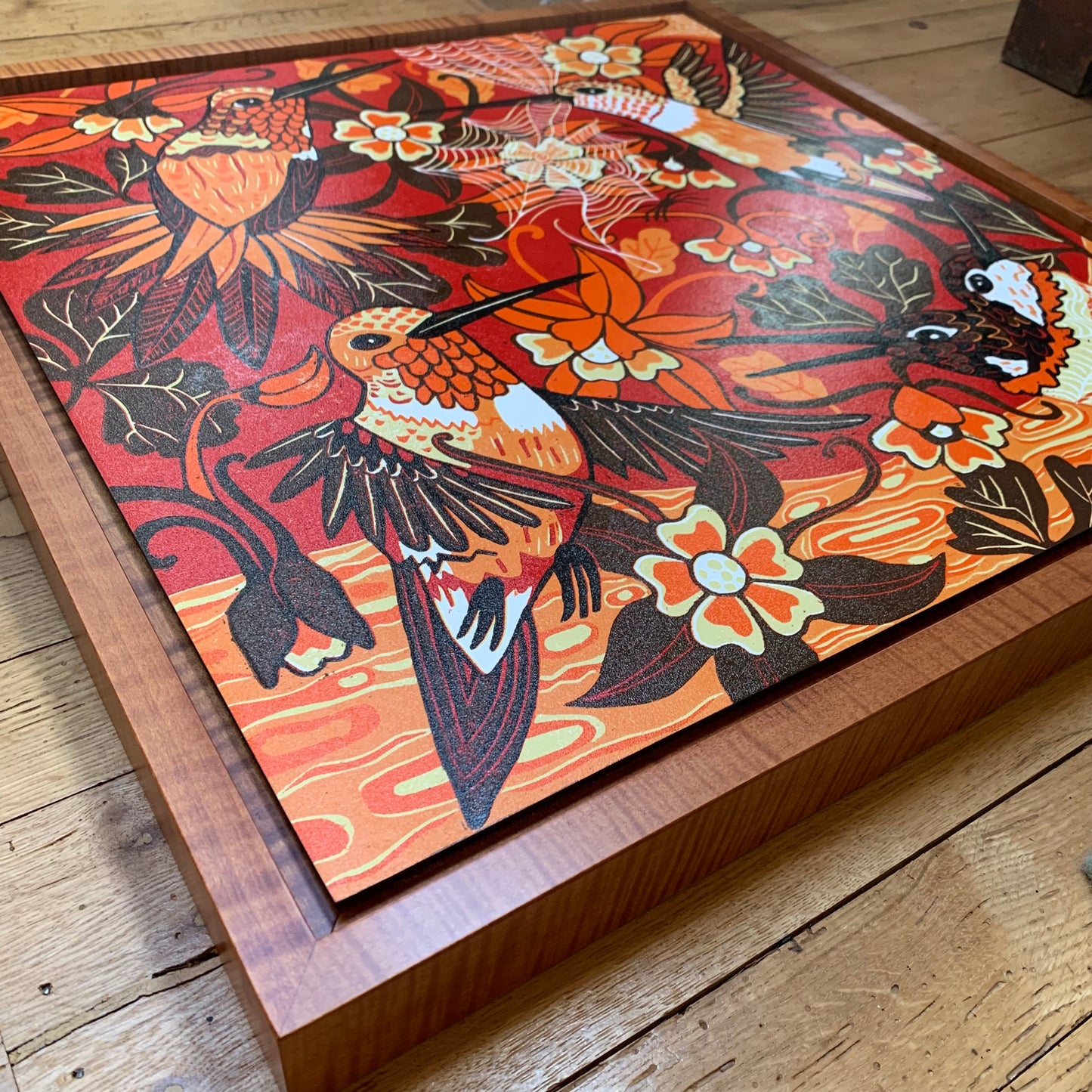 Pre-order Hummingbird and spiderweb woodcut framed in nutmeg or red