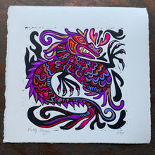 Load image into Gallery viewer, Jewel tones Dragon Linocut
