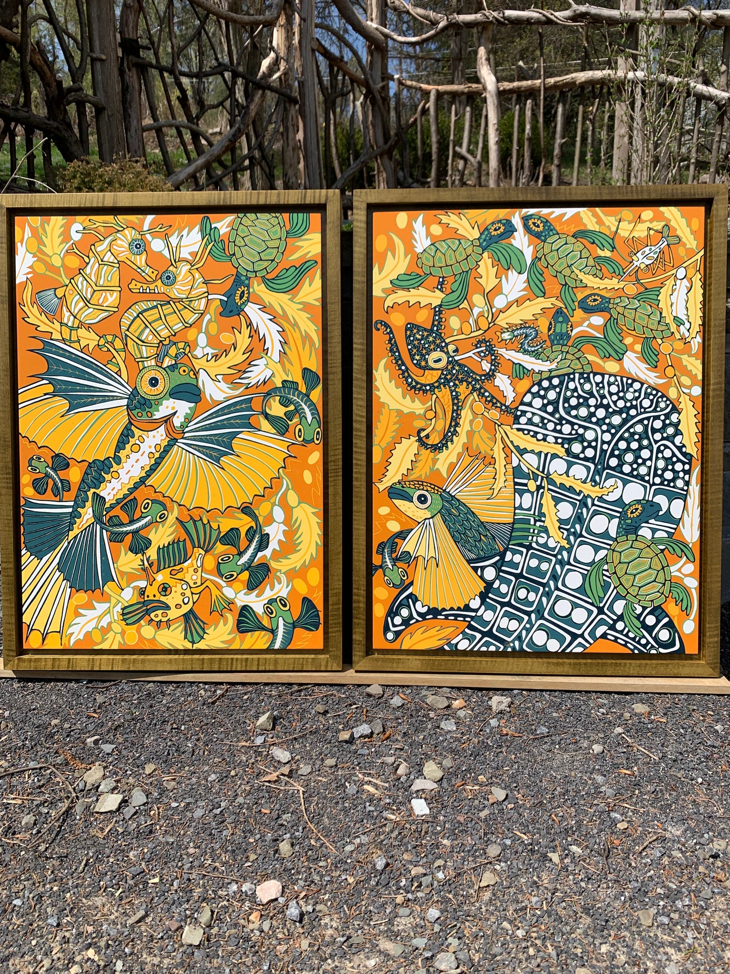 Flying fish and whale shark framed in olive