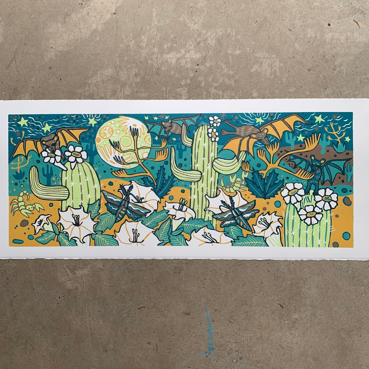 LAST ONE UNFRAMED Cactus, bats and sphinx moth pollinator original woodcut