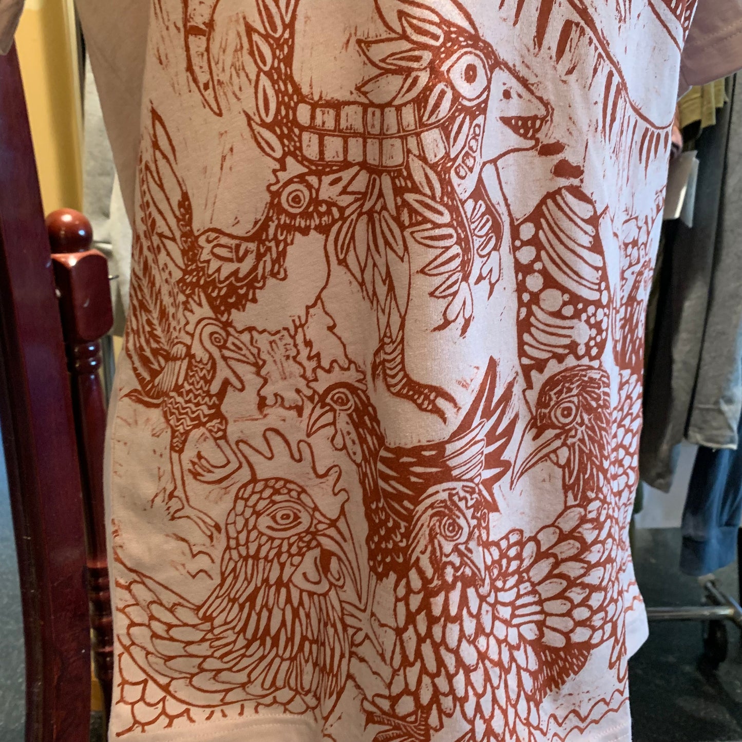 Pink-esque handprinted dino chicken shirt, October Pre-order