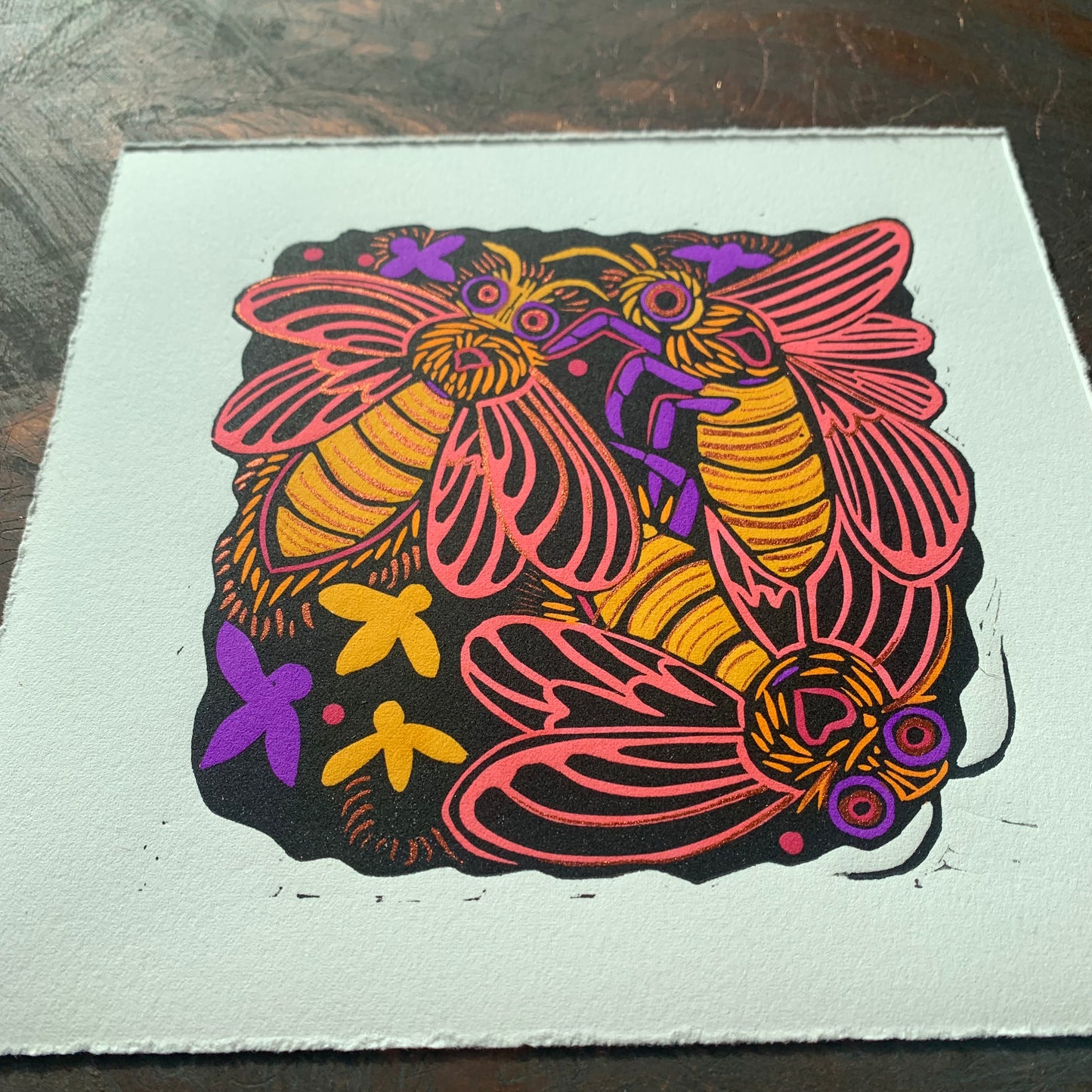 Glowing Lightning bug linocut