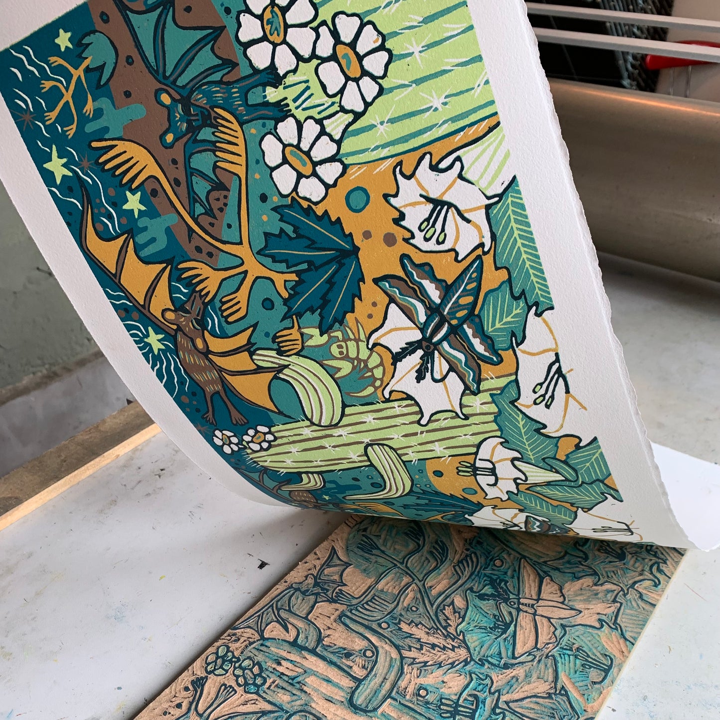 LAST ONE UNFRAMED Cactus, bats and sphinx moth pollinator original woodcut
