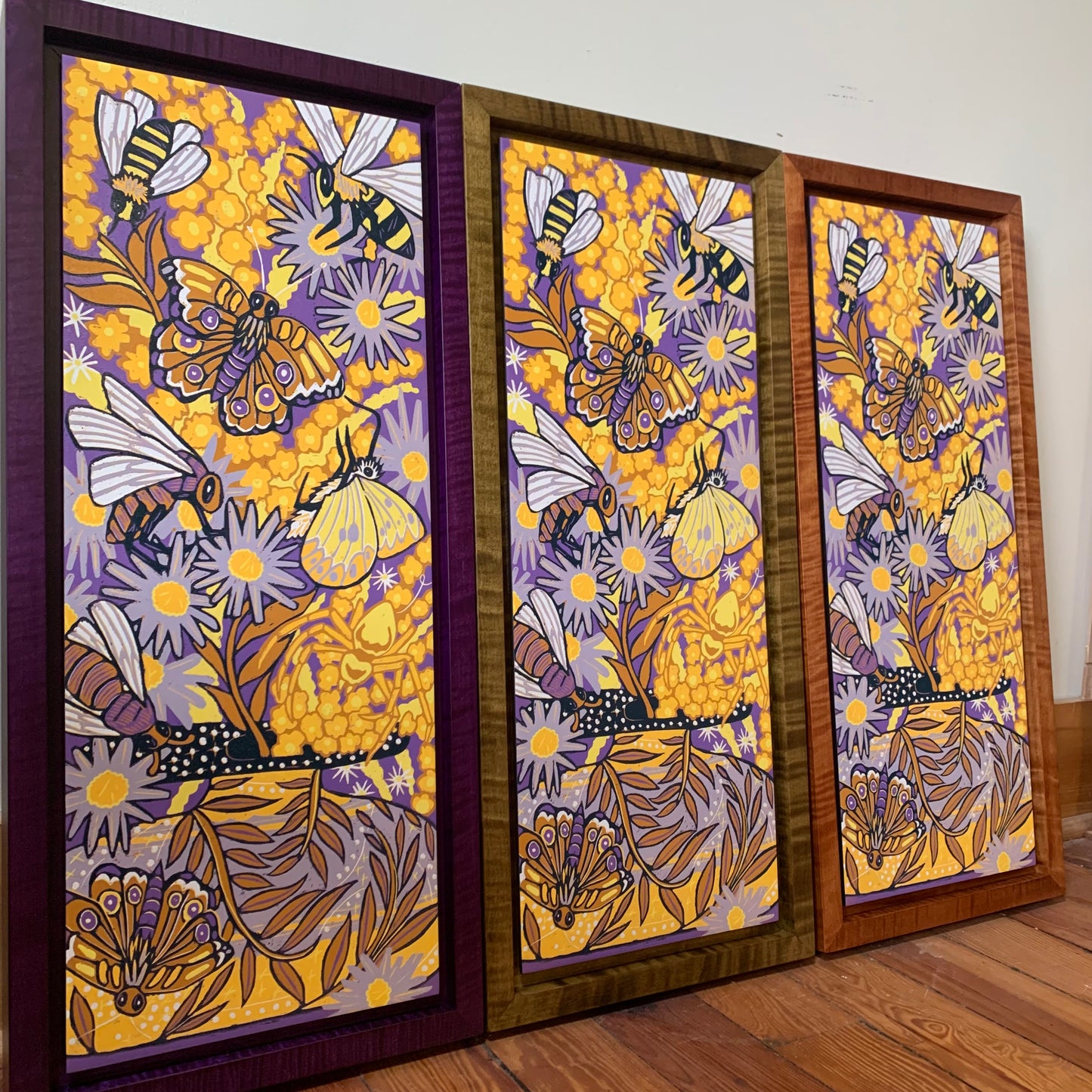 Purple IN STOCK Aster and goldenrod woodcut framed in curly maple
