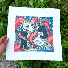 Load image into Gallery viewer, LAST ONE UNFRAMED Spirit bear and sockeye salmon original woodcut