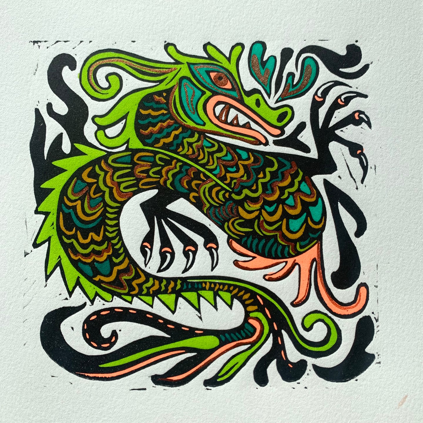 Green Dragon Linocut