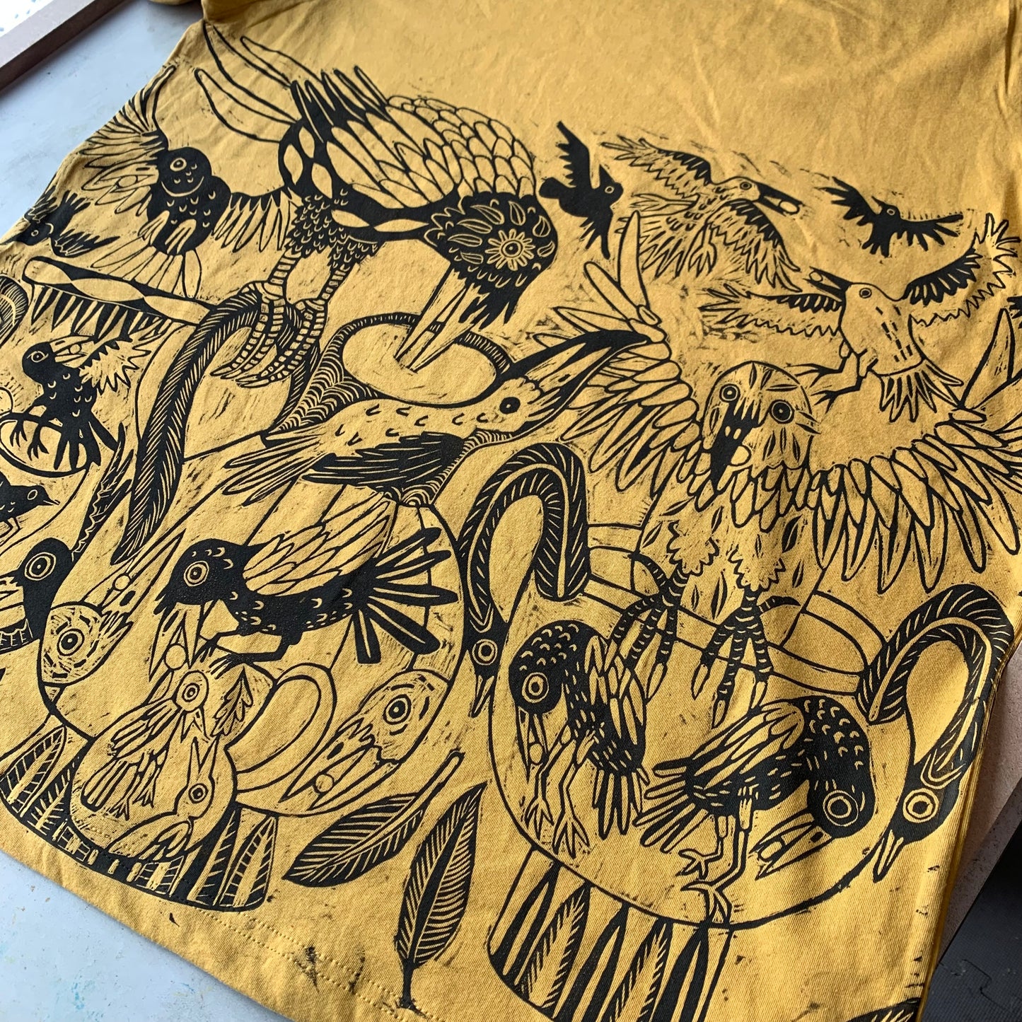 Handprinted crow and pitcher shirt, Pre-order October