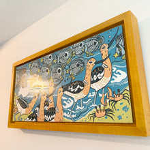 Load image into Gallery viewer, Avocet woodcut framed in yellow
