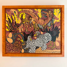 Load image into Gallery viewer, Evolution of chickens woodcut framed in orange curly maple

