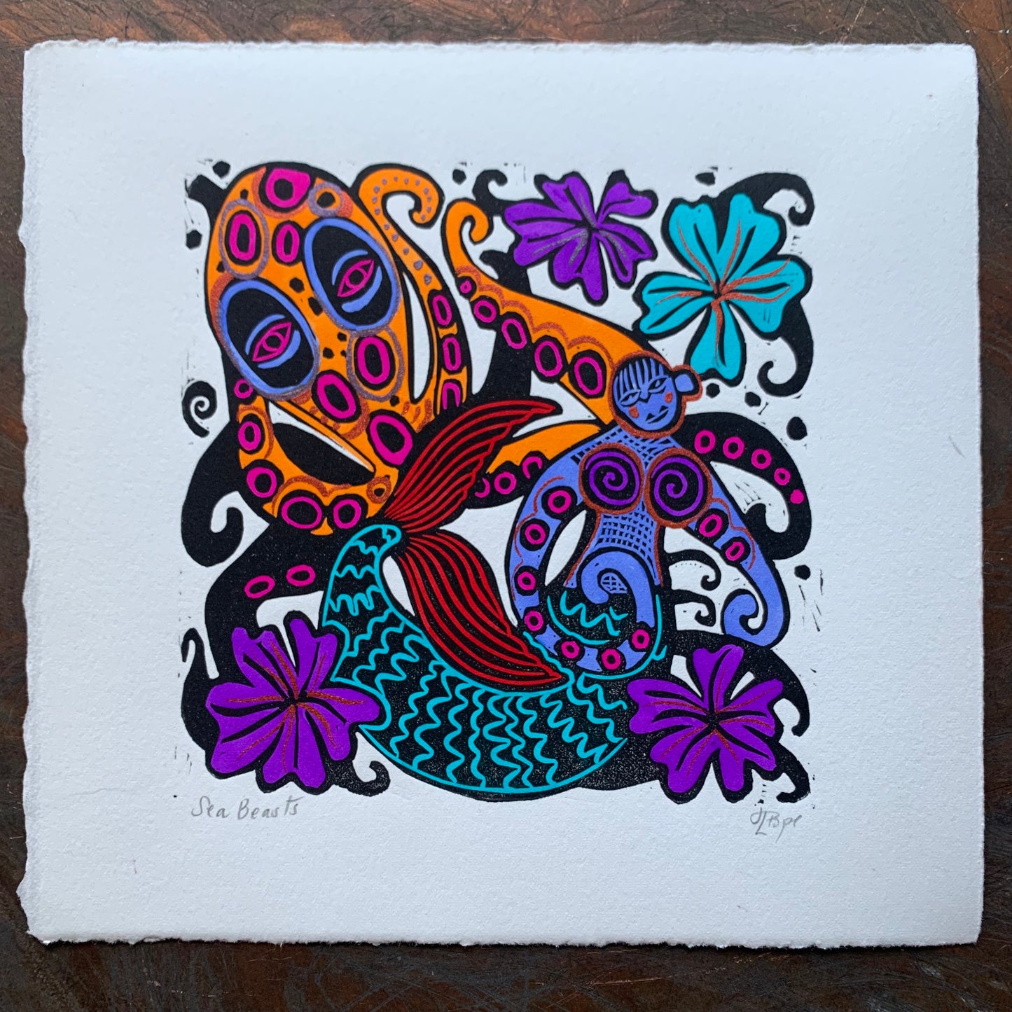 Fun Octopus and octoperson Linocut
