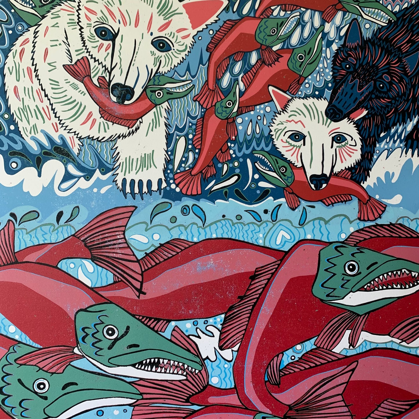 Large Spirit Bear and Sockeye Salmon Woodcut