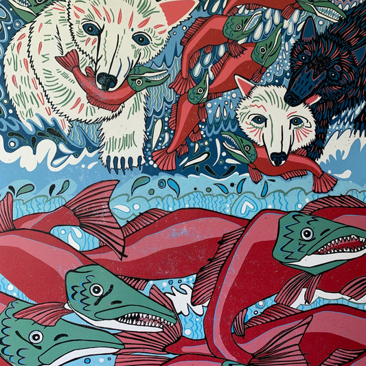 Large Spirit Bear and Sockeye Salmon Woodcut