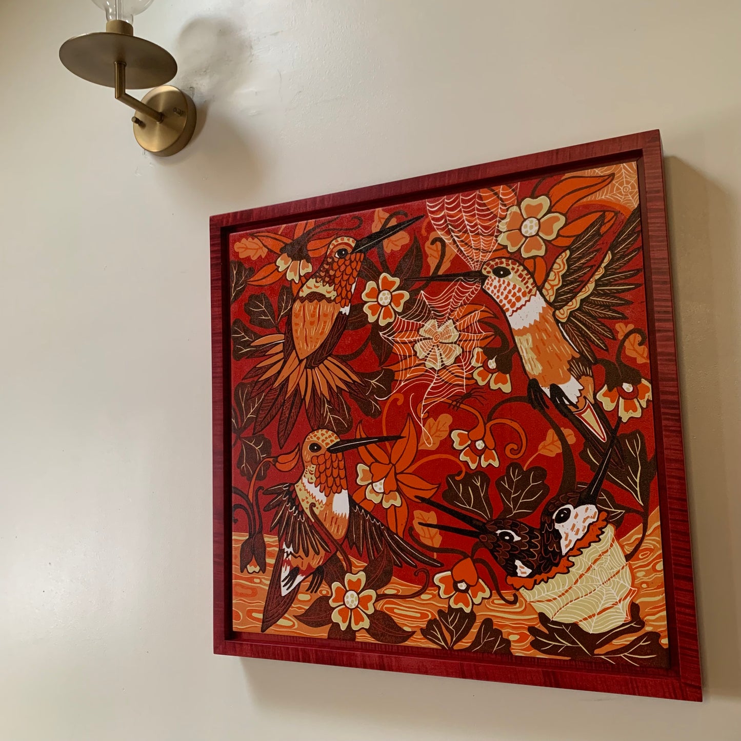 Pre-order Hummingbird and spiderweb woodcut framed in nutmeg or red
