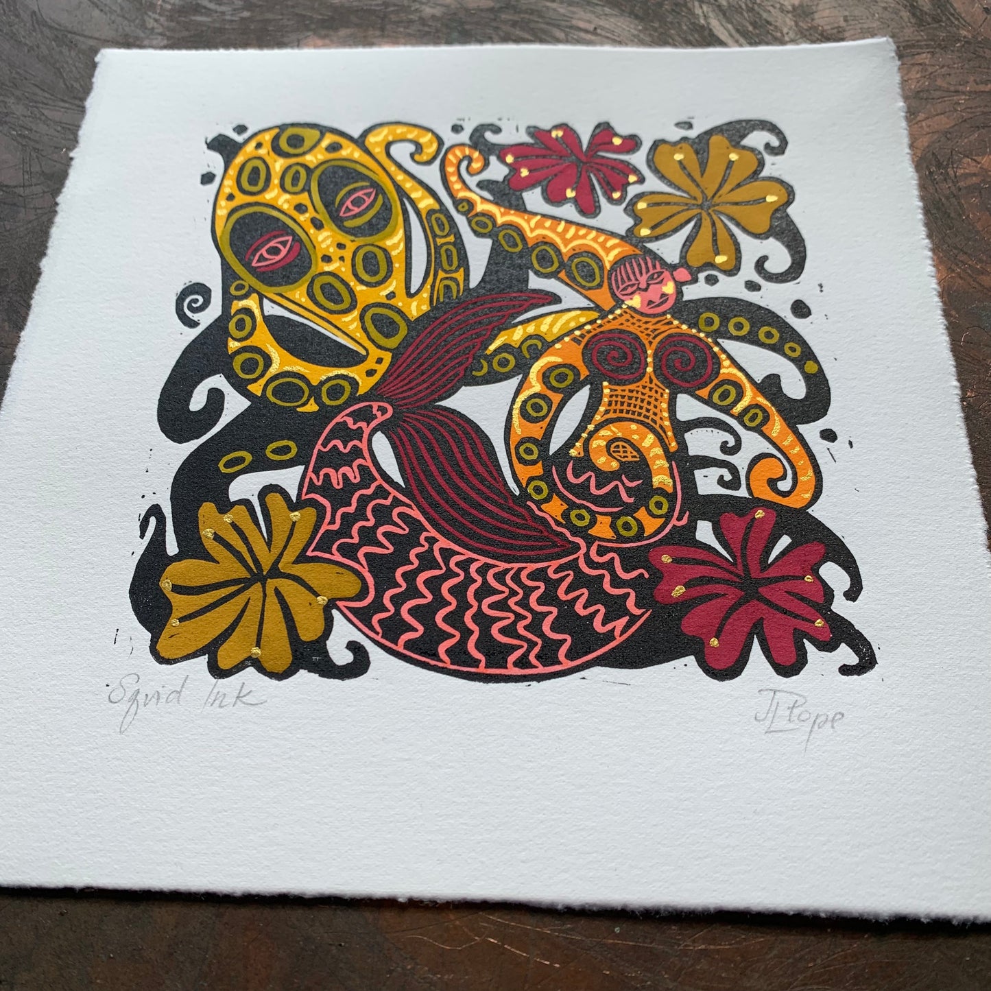 Autumnal Octopus and octoperson Linocut