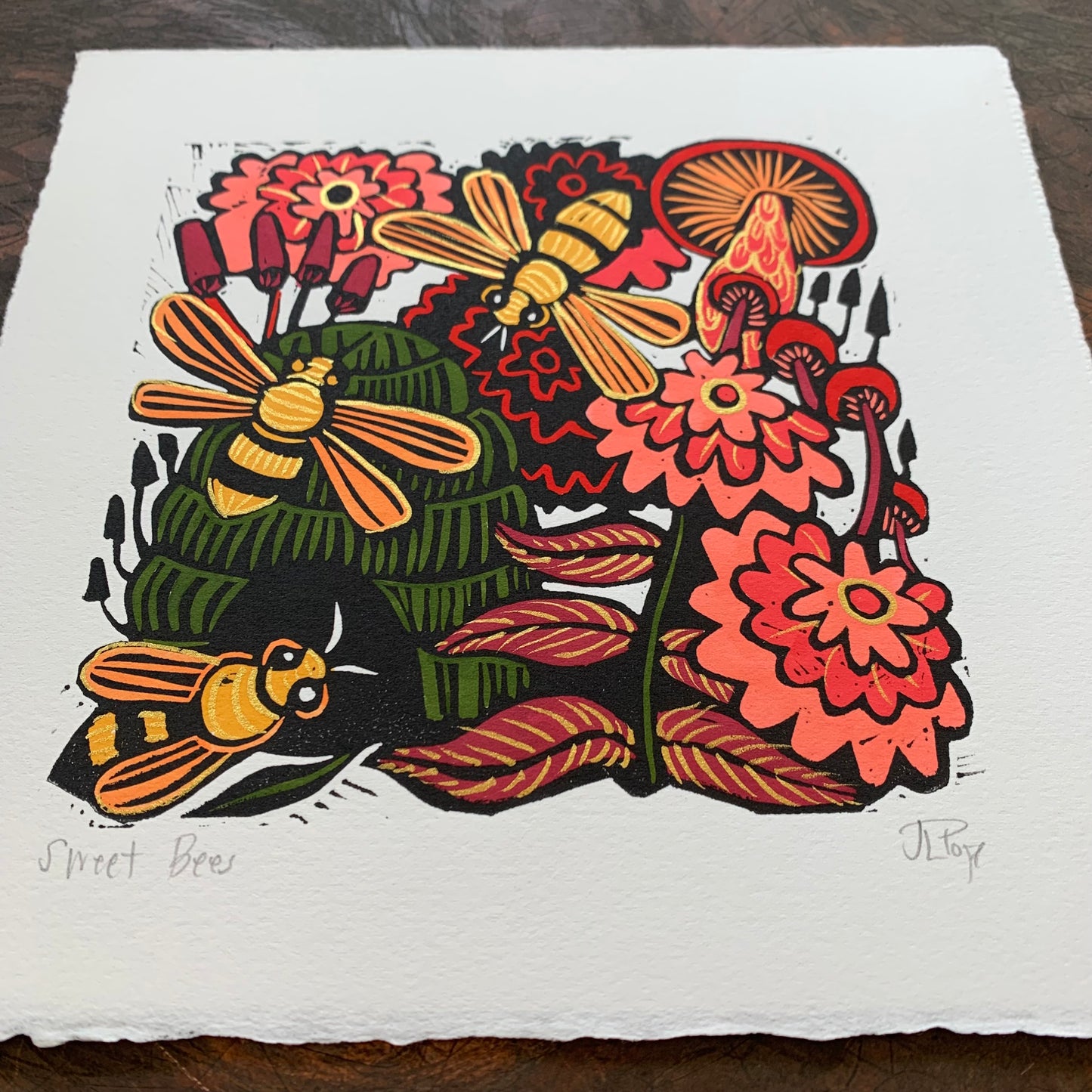Bee and floral Linocut pink flowers
