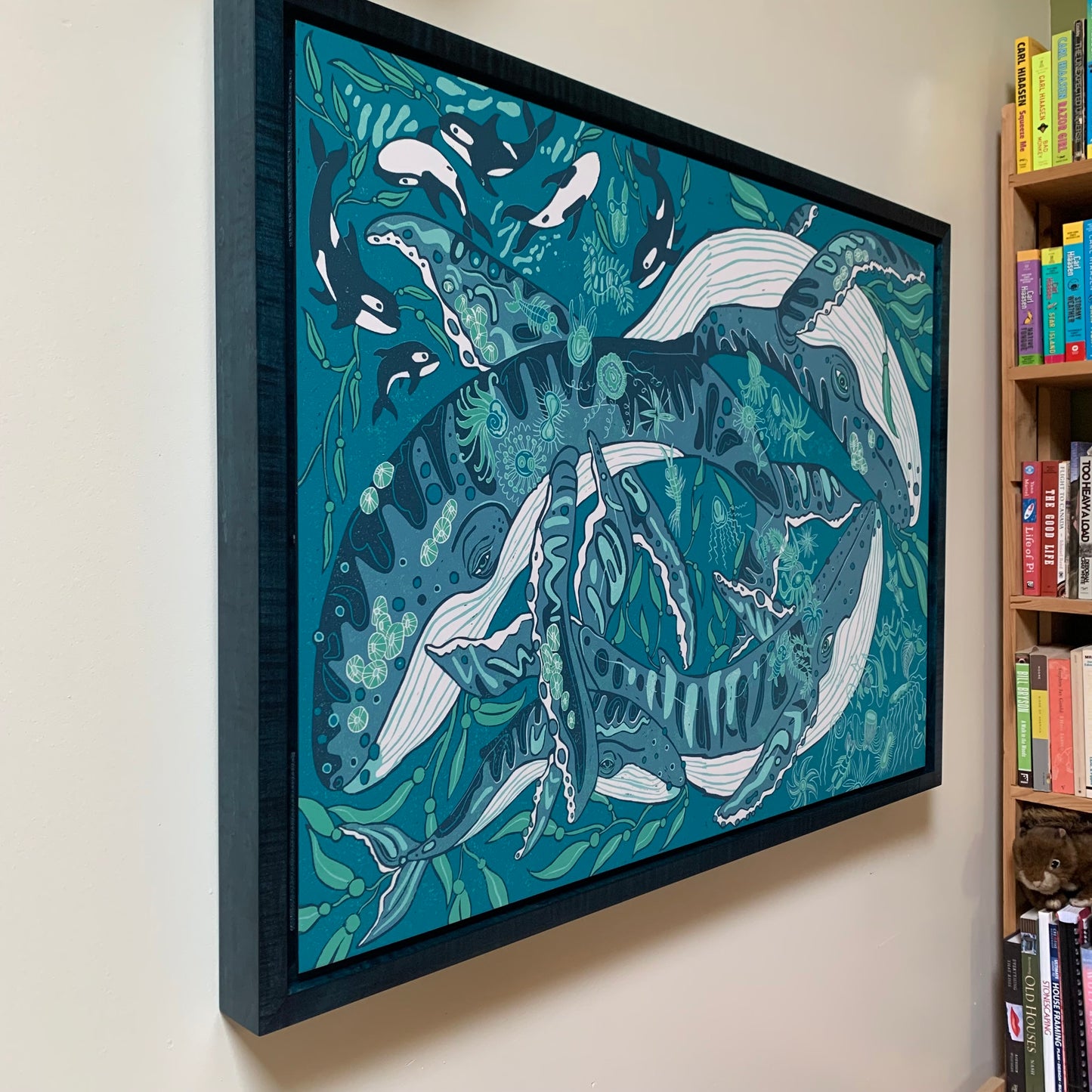 Pre-order Humpback whale and woodcut framed in blue or natural